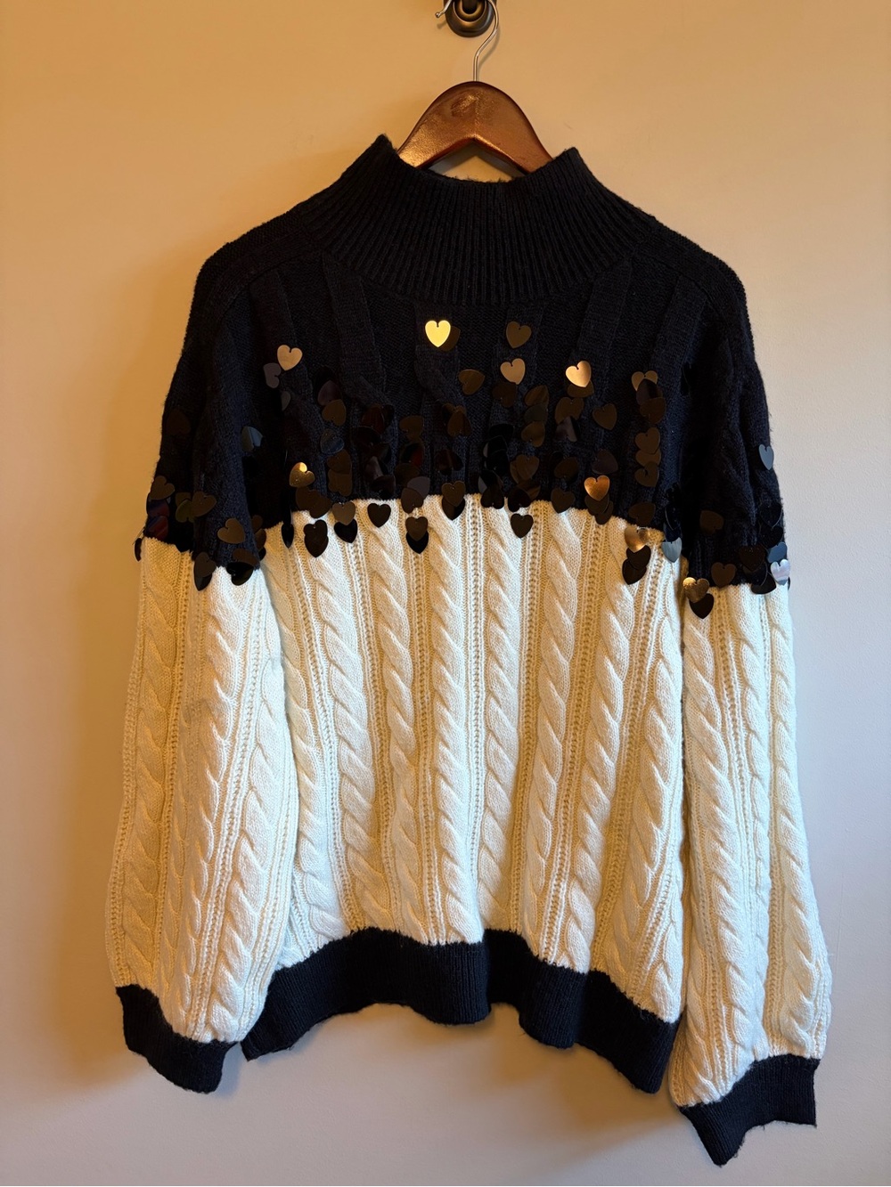 Maeve Black and Cream Cable-Knit Sweater with Heart Sequin Detail